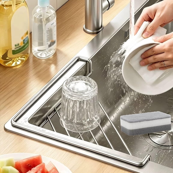 Dish Drying Rack, Stainless Steel Corner Sink Shelf with Triangular Open Wire Rack Design, Drainage and Raised Side for Sponges Soap Plates Cups Utensils Drain Shelf Kitchen Counter