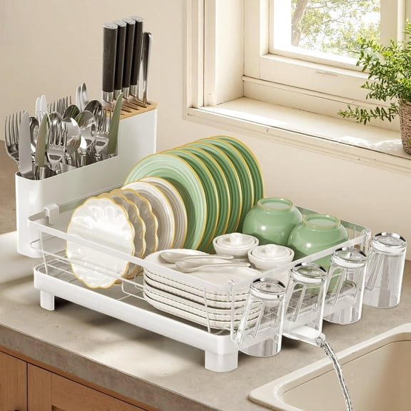 Dish Drying Rack, Stainless Steel Dish Rack with Drainboard for Kitchen Counter and Sink, Detachable 2-in-1 Utensil Holder, Cup Holder, Large Capacity Dish Drainer, White
