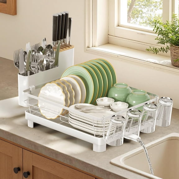 Dish Drying Rack, Stainless Steel Dish Rack with Drainboard for Kitchen Counter and Sink, Detachable 2-in-1 Utensil Holder, Cup Holder, Large Capacity Dish Drainer, White