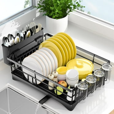 Dish Drying Rack, Stainless Steel Dish Rack with Drainboard for Kitchen Counter and Sink, Dish Drainer with Cutlery Holder, Kitchen Organizer for Dishes, Spoons and Forks