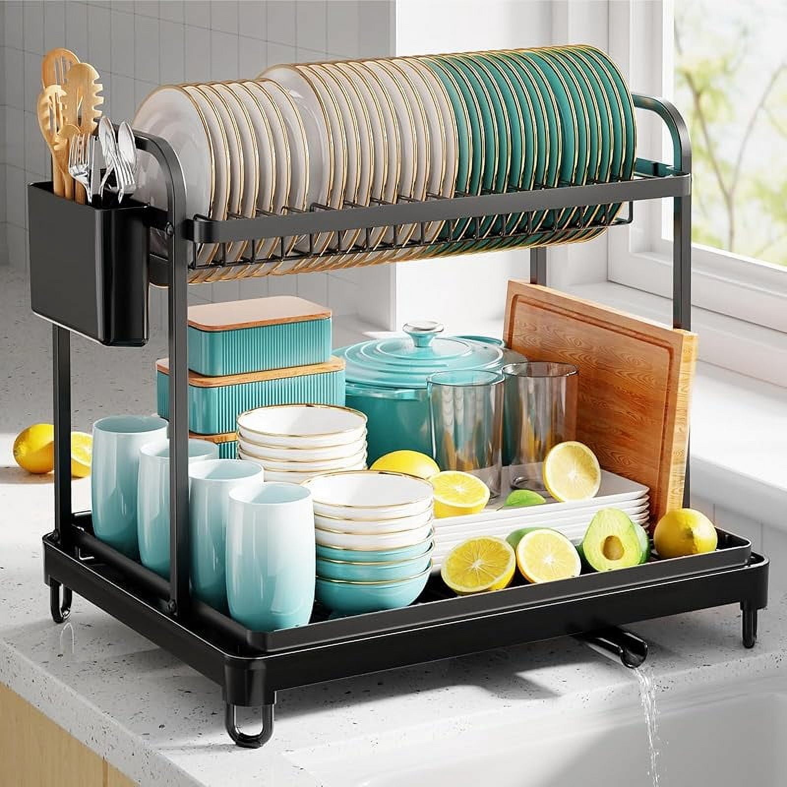 Dish Drying Rack - Stainless Steel Dish Rack for Kitchen Counter, 2-Tier Kitchen Organizers and Storage Rack with Drainboard and Cutlery Holder, Large, Black