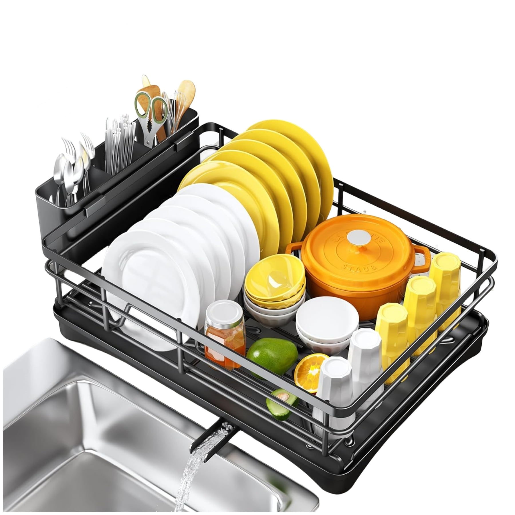 Dish Drying Rack - Stainless Steel Dish Rack for Kitchen Counter, Large-Capacity Dish Drainer with Cutlery Holder, Kitchen Organizer for Dishes, Spoons and Forks, Black