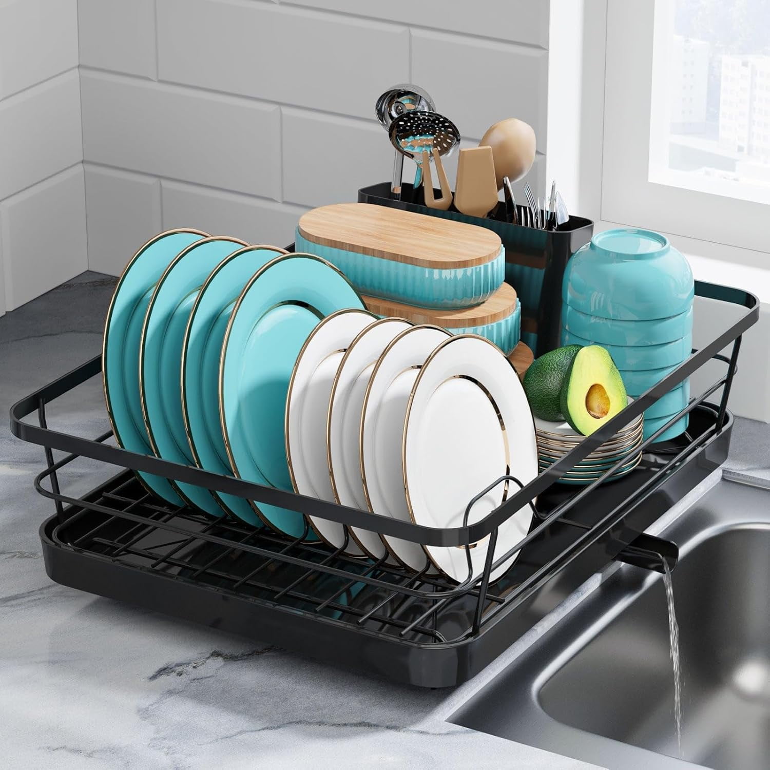 Black Stainless Steel Expandable Dish Drying Rack with Utensil Cup