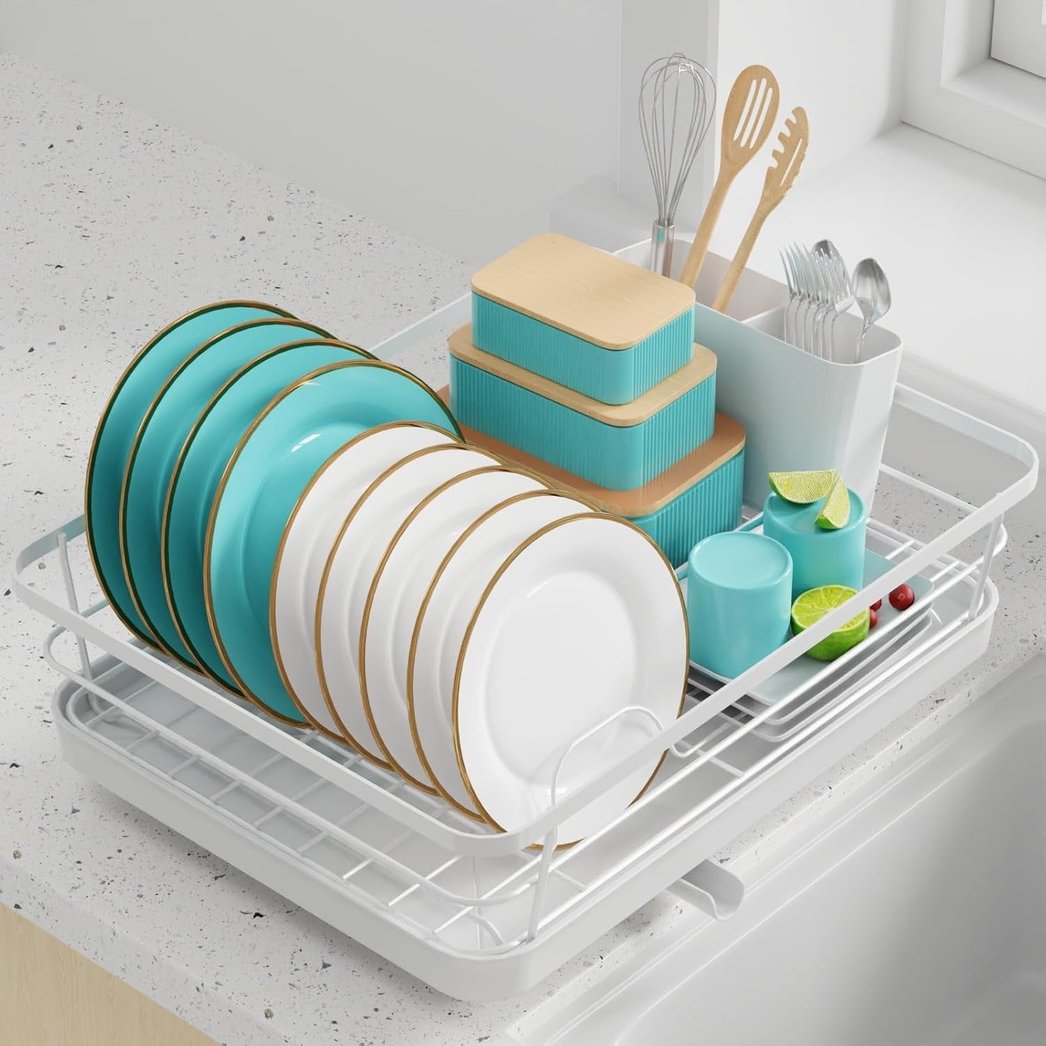 Dish Drying Rack - Stainless Steel Dish Rack with Drainboard for Kitchen Counter and Sink, 12.0''W x 15.6''L, Black