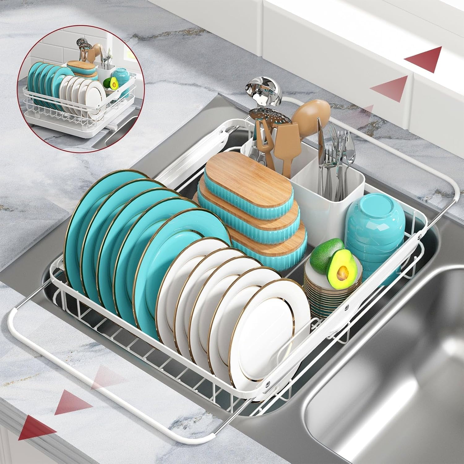 Black Stainless Steel Expandable Dish Drying Rack with Utensil Cup