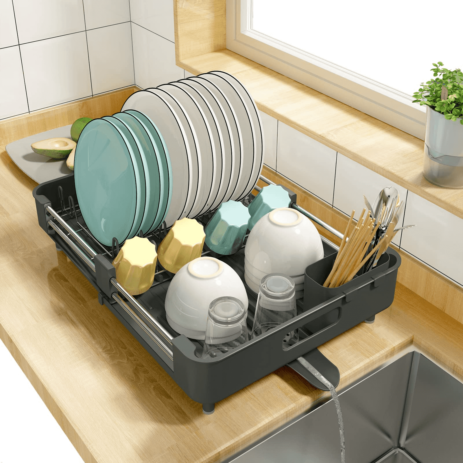 Dish Drying Rack, Rustproof Aluminium Dish Racks for Kitchen Counter,  Expandable(14.9-22.2) Kitchen Sink Large Dish Drying Rack with  Drainboard, Utensil Holder with Drain Spout (Dark Grey) 