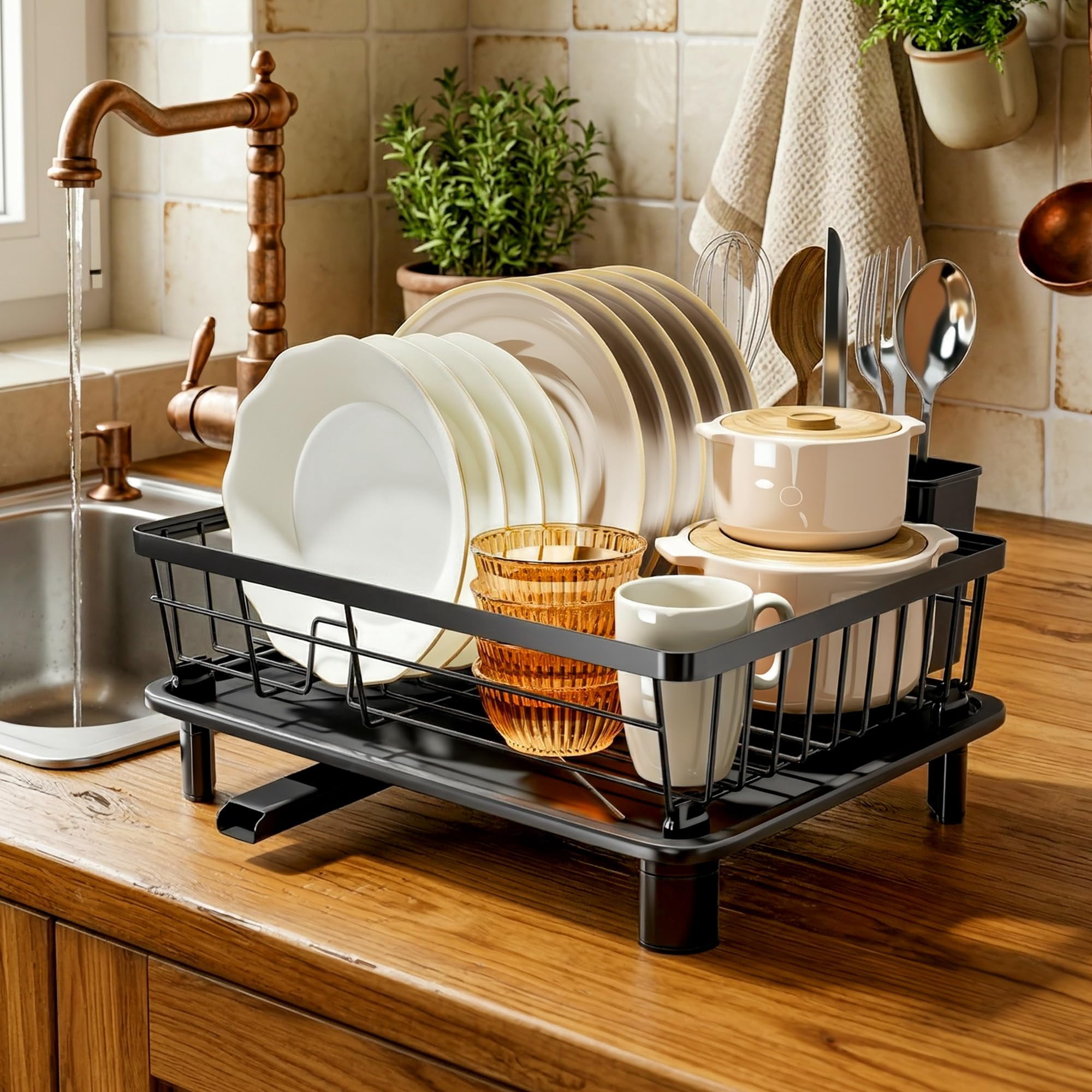 Dish Drying Rack  Stainless Steel Racks For Kitchen Counter Drainer With Removable Utensil Holder Drainboard (black 11''w X 15''l)