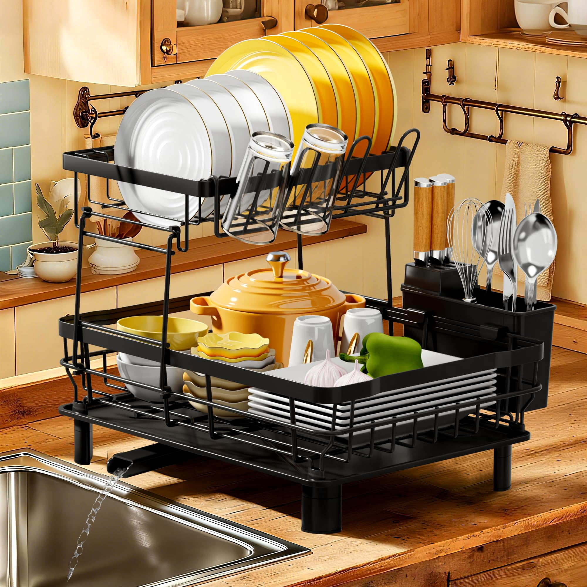 Dish Drying Rack  Stainless Steel Racks For Kitchen Counter Drainer With Removable Utensil Holder Drainboard (black 2 Tier 13''w X 17''l)