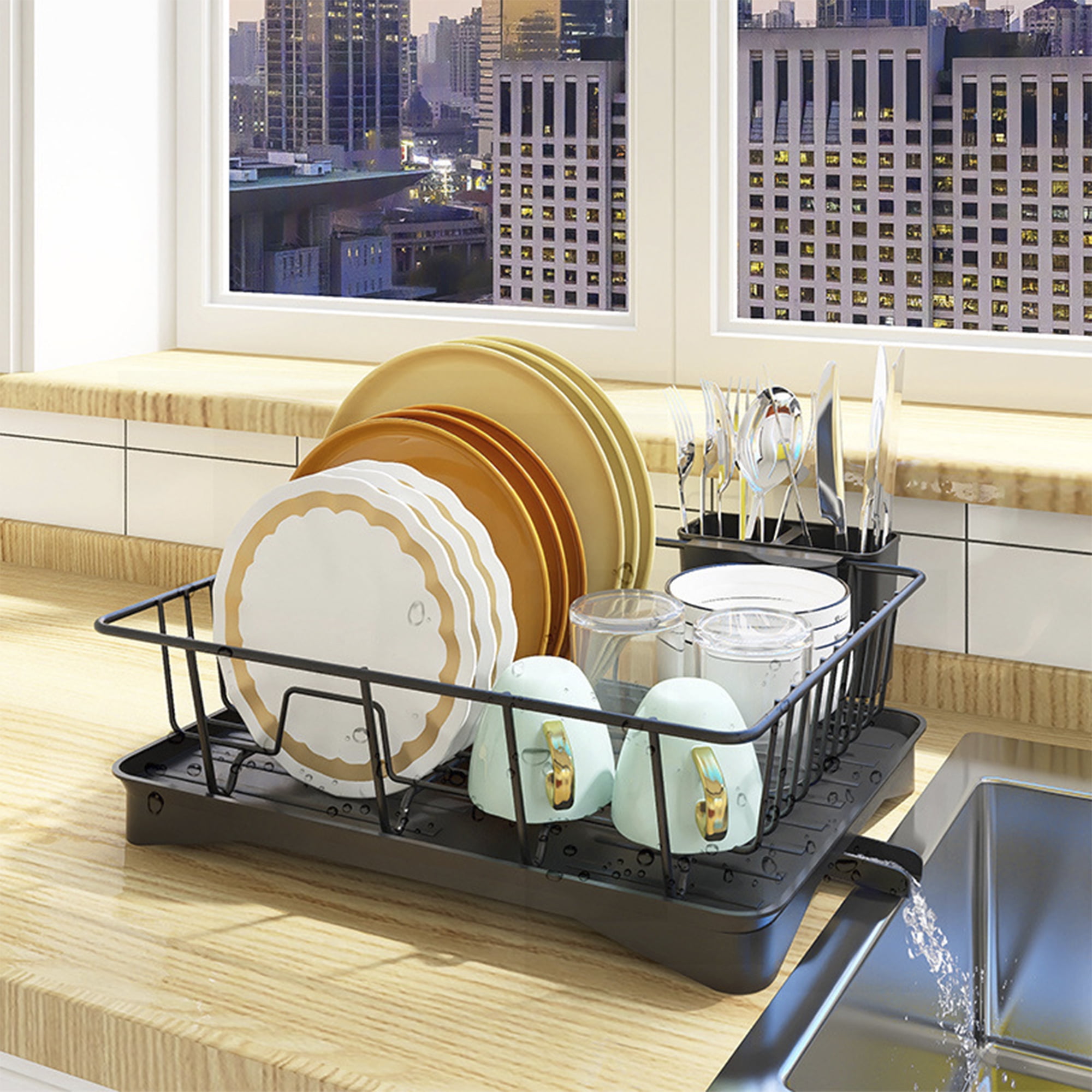 HUFTGOLD Dish Drying Rack, Steel Dish Drainer with Utensil Holder, Kitchen Countertop Organizer with Drying Tray, Black