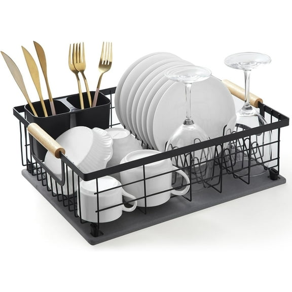 Dish Drying Rack with Stone Dish Drying Mat for Kitchen Counter, Dish Drainer with Diatomaceous Earth Quick Dry Mat, Organization and Storage Essentials with Cup & Cutlery Holders