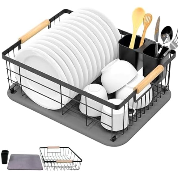 Dish Drying Rack with Stone Drying Mat - Dish Strainers for Kitchen Counter - Quick Absorption, Space Saving, Stainless Steel - Diatomaceous Earth Dish Drying Mat with Cutlery Holder