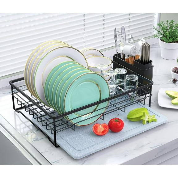 Dish Drying Rack with Stone Drying Mat, Quick-Drying/Stainless/Super Sturdy/Space-Saving, Dish Strainers for Kitchen Counter, Escurridor de Trastes para Cocina (Black)