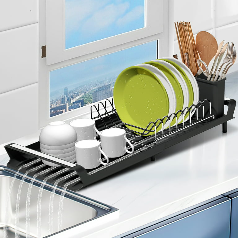 Dish Drying Rack,WLRETMCI Dish Rack Container Expandable 11-19,Small Dish  Rack Dish Drainer with Drainboard ,Utensil Holder for Kitchen Counter 