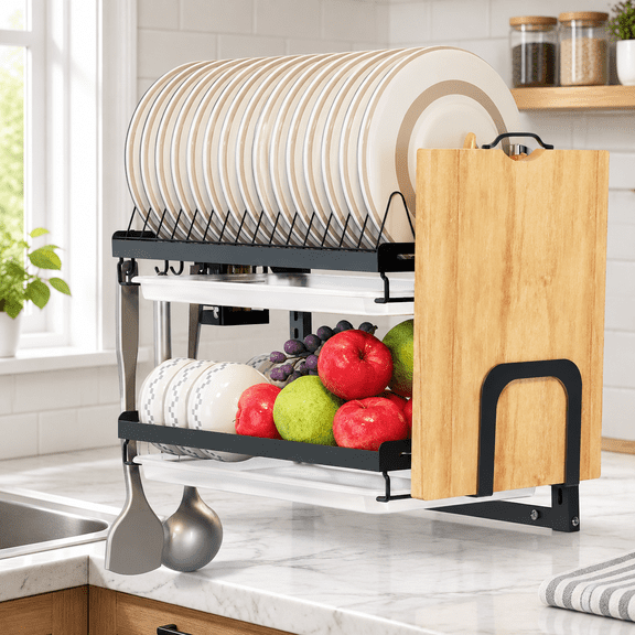 Dish Drying Rack, Over the Wall Mounted Dish Drying Rack, Stainless Steel Dish Rack, Large Storage Drying Rack for Kitchen, Dish Drainer with Utensil Holder-2 Tier