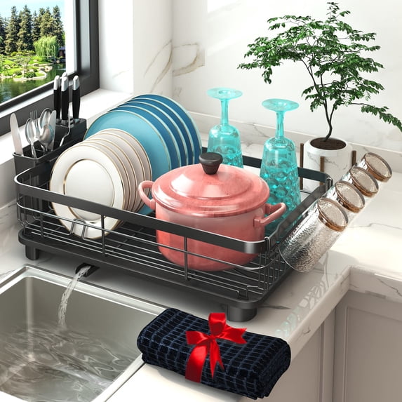 Dish Drying Rack With Auto-drain & Mat Drainers For Kitchen Counter Glorganizer 4 Cups 3 Slots Utensil Holder Gifts Women Mothers Day Gadgets Decor