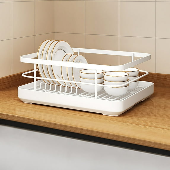 Dish Drying Rack With Drainboard Large Capacity Single Layer Drainer Rack Steel Kitchen Organizer With Cutlery Tray For Bowls Plates-White