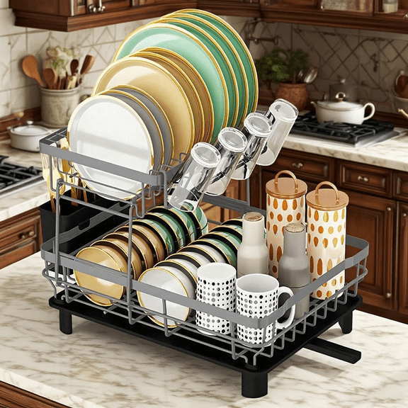 Dish Drying Rack for Kitchen Counter,2-Tier Stainless Steel Dish Drainer with Drainboard and Utensil Holder, Gray