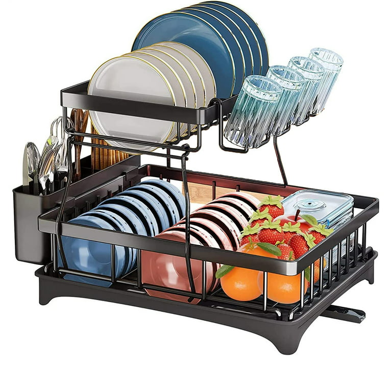 PKBD Rustproof Stainless Steel Dish Drying Rack,2 Tier Large Dish Rack for  Kitchen Counter,Dish Rack with Drainboard,Utensil Holder & Cup Holder,Black