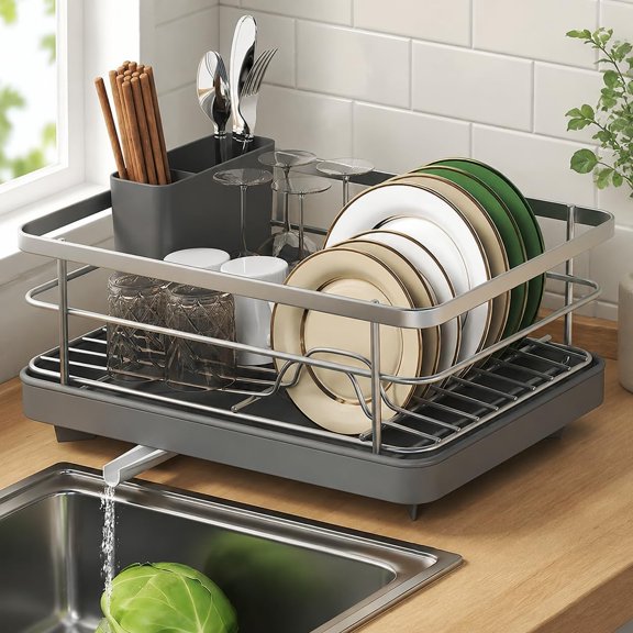 Dish Drying Rack for Kitchen Counter, Carbon Steel Sink Organization with Drainboard & Cutlery Holder, Space-Saving Sturdy Metal Rack (Gray)
