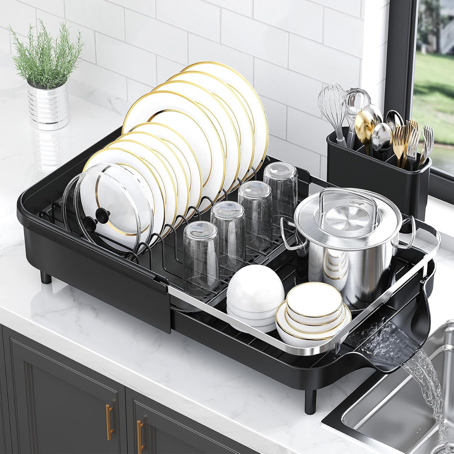 Expandable Black Stainless Steel Dish Drying Rack with Utensil Holder