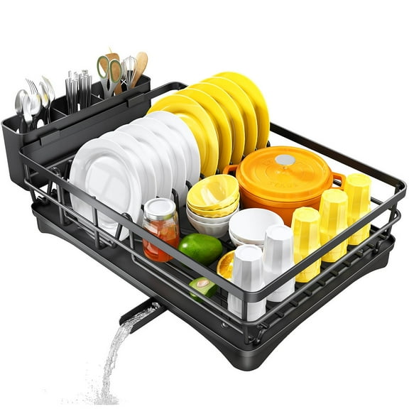 Dish Drying Rack for Kitchen Counter - Large Dish Rack with Drainboard, Rustproof Dish Drainer with Utensil Holder for Sink, Black