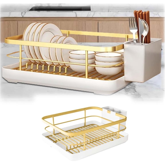 Dish Drying Rack for Kitchen Counter - Space-Saving Gold Dish Rack with Tray & Cutlery Holder, Carbon Steel Removable Dish Drainer Rack