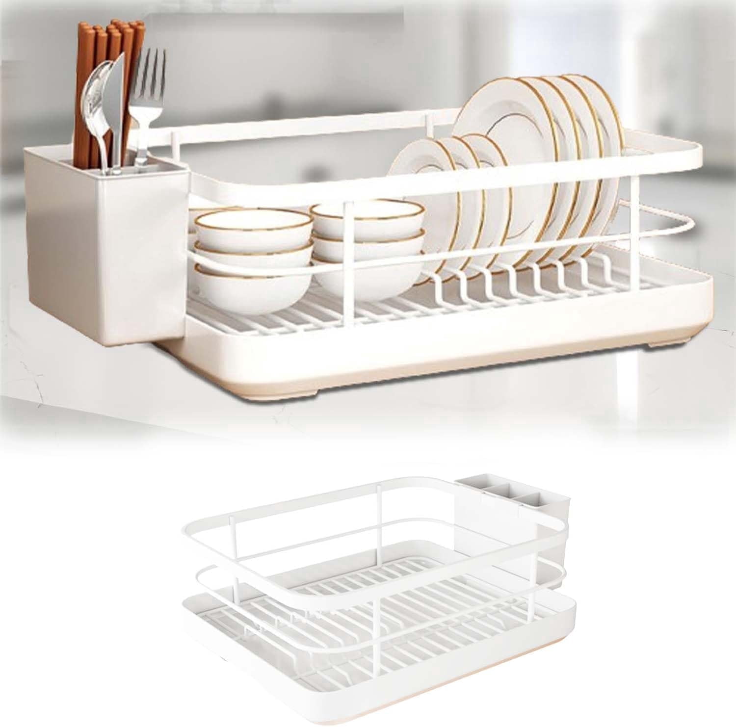 Dish Drying Rack for Kitchen Counter - Space-Saving Gold Dish Rack with Tray & Cutlery Holder, Carbon Steel Removable Dish Drainer Rack