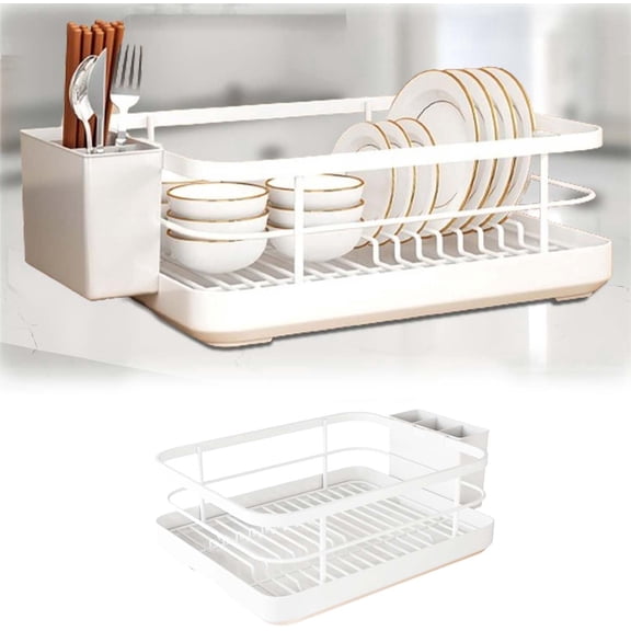 Dish Drying Rack for Kitchen Counter - Space-Saving Gold Dish Rack with Tray & Cutlery Holder, Carbon Steel Removable Dish Drainer Rack