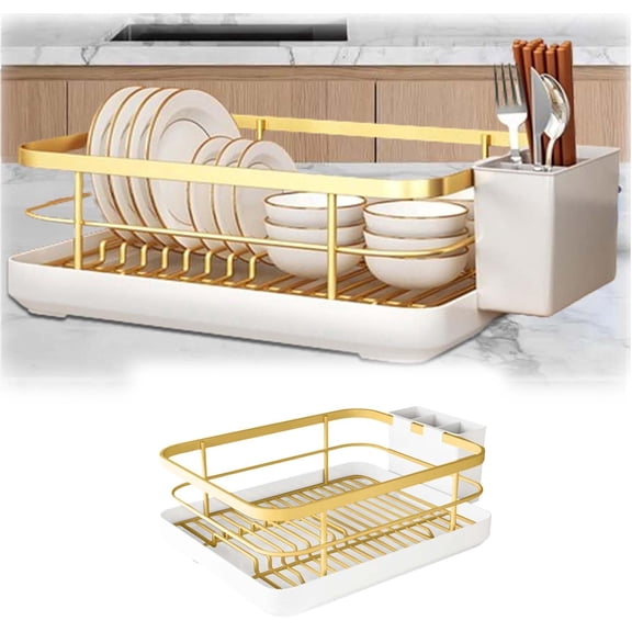 Dish Drying Rack for Kitchen Counter - Space-Saving Gold Dish Rack with Tray & Cutlery Holder, Carbon Steel Removable Dish Drainer Rack
