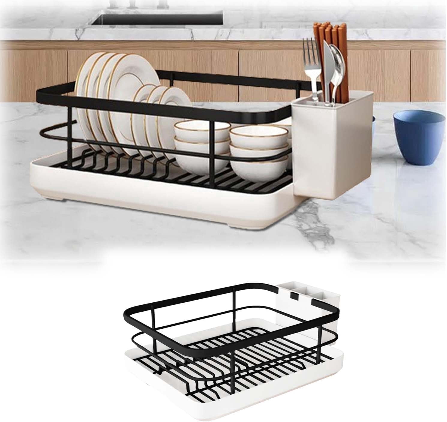Dish Drying Rack for Kitchen Counter - Space-Saving Gold Dish Rack with Tray & Cutlery Holder, Carbon Steel Removable Dish Drainer Rack
