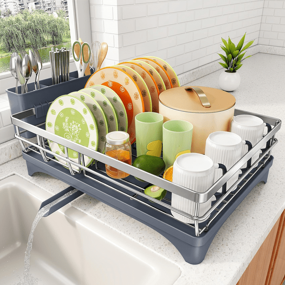 Dish Drying Rack for Kitchen Counter with Utensil Holder, Large Capacity, Angled Drainboard, Rotating Spout, Removable to Clean
