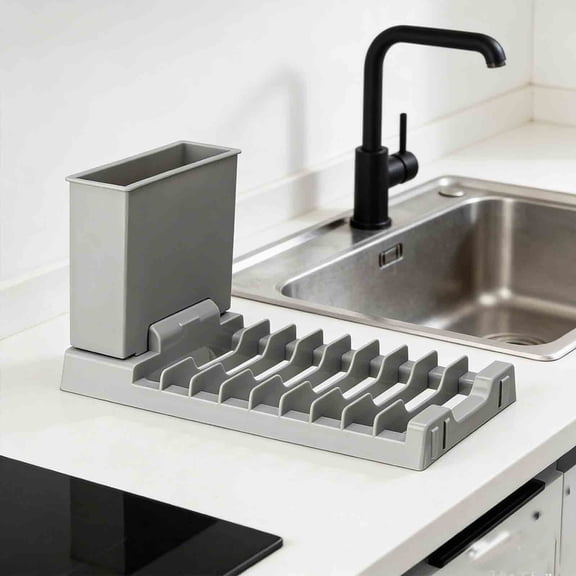Dish Drying Rack for Kitchen Counter with Utensil and Cup Holder, Portable Countertop Organizer with Drainboard and Adjustable Feet