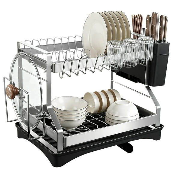 2 Tier Dish Drying Rack 304 Stainless Steel, Large Capacity Dish Rack with Drainboard and Utensil Holder, Cup Holder, Cutting Board Holder, 16.5 x 11.8 x 13.2 in