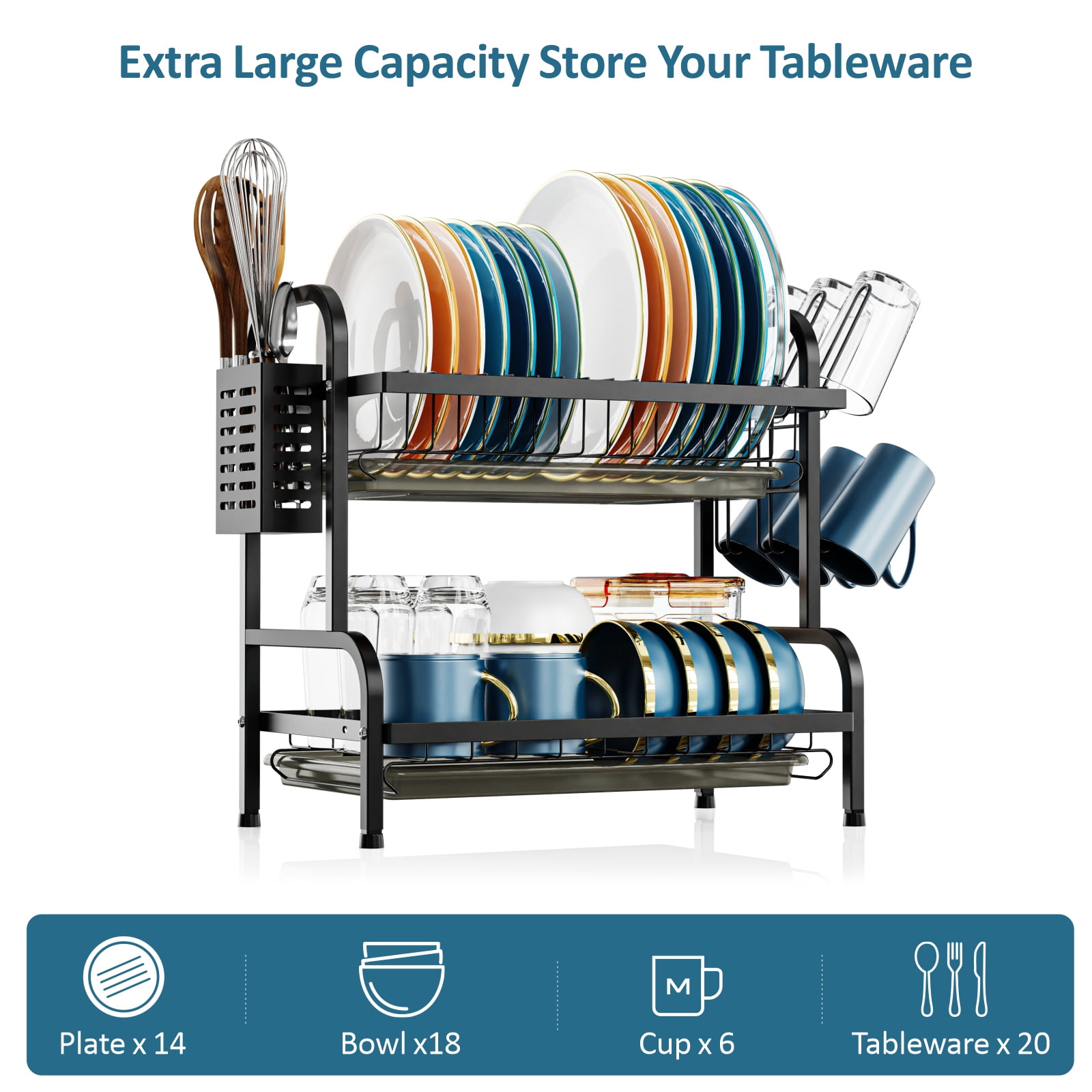 Dish Drying Rack, iSPECLE 2 Tier Dish Racks with Tray, Cup Utensil