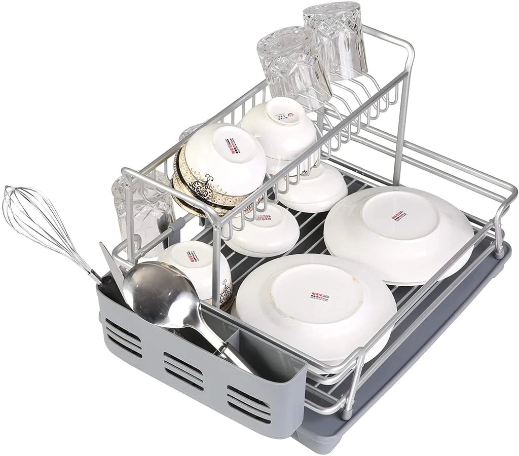 Gray Aluminum 2-Tier Dish Drying Rack with Utensil Cup