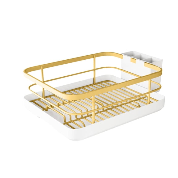 Dish Drying Rack with ABS Cutlery Drainer - Includes Utensil Holder & Tray for Dishes, Spoons, Forks, Chopsticks (Gold, Black & White, 1pc)