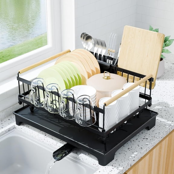 Dish Drying Rack with Auto-Drainboard - Rustproof Kitchen Counter Strainer with Cutlery & Cup Holders, Compact Space Saver Kitchen Strainer, Black