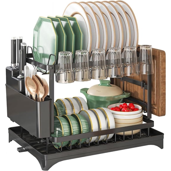 Dish Drying Rack with Drainage Tray 2-Tier Stainless Steel Dish Racks, Kitchen Utensil, Black