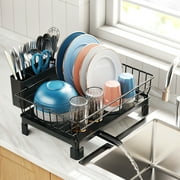 Dish Drying Rack with Drainboard - Compact Dish Racks for Kitchen Counter or in Sink, Small Dish Drainer with Utensil Holder and Drain Spout, Black