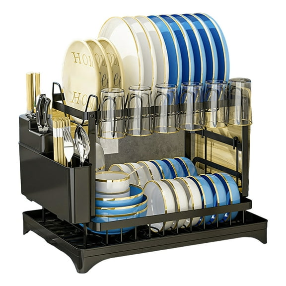 Dish Drying Rack with Drainboard Double-Layer Large Capacity Rustproof ,Strong Load-bearing Multifunctional Glasses Utensil Holder