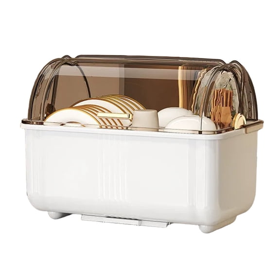Dish Drying Rack with Dust Cover and Removable Drain Tray for Kitchen Storage