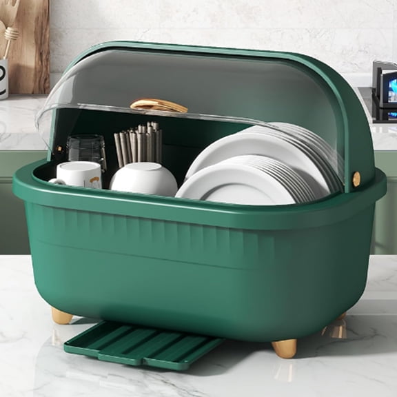 Dish Drying Rack with Lid Cover Plastic Dish Drying Box Multifunctional Space Saving Dish Drainer for Kitchen Accessories (Green M)