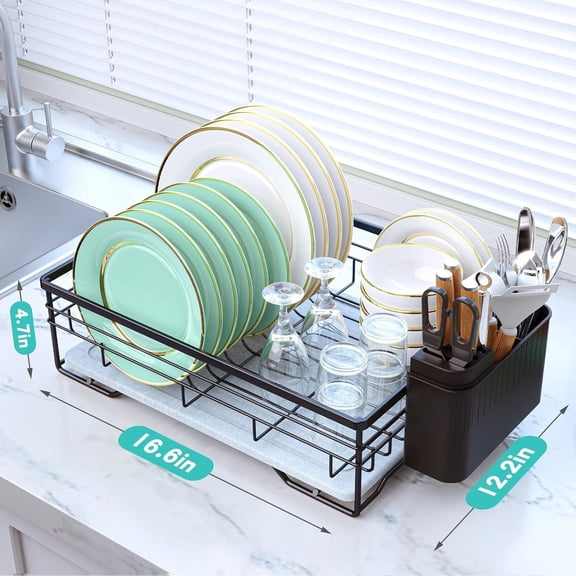 Dish Drying Rack with Stone Drying Mat, Quick-Drying/Stainless/Super Sturdy/Space-Saving, Dish Strainers for Kitchen Counter