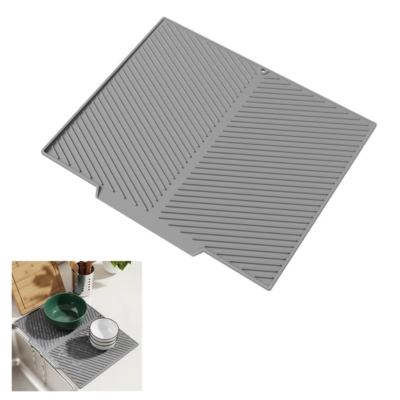 Dish Drying Silicone Drain Mat with 6.5" Built-in Drain Lip & Hanging Hole, Quick-Dry, Heat-Resistant, Non-Slip Stone Drying Mat, Easy to Clean and Drain Board (Grey, 16.9" x 13")