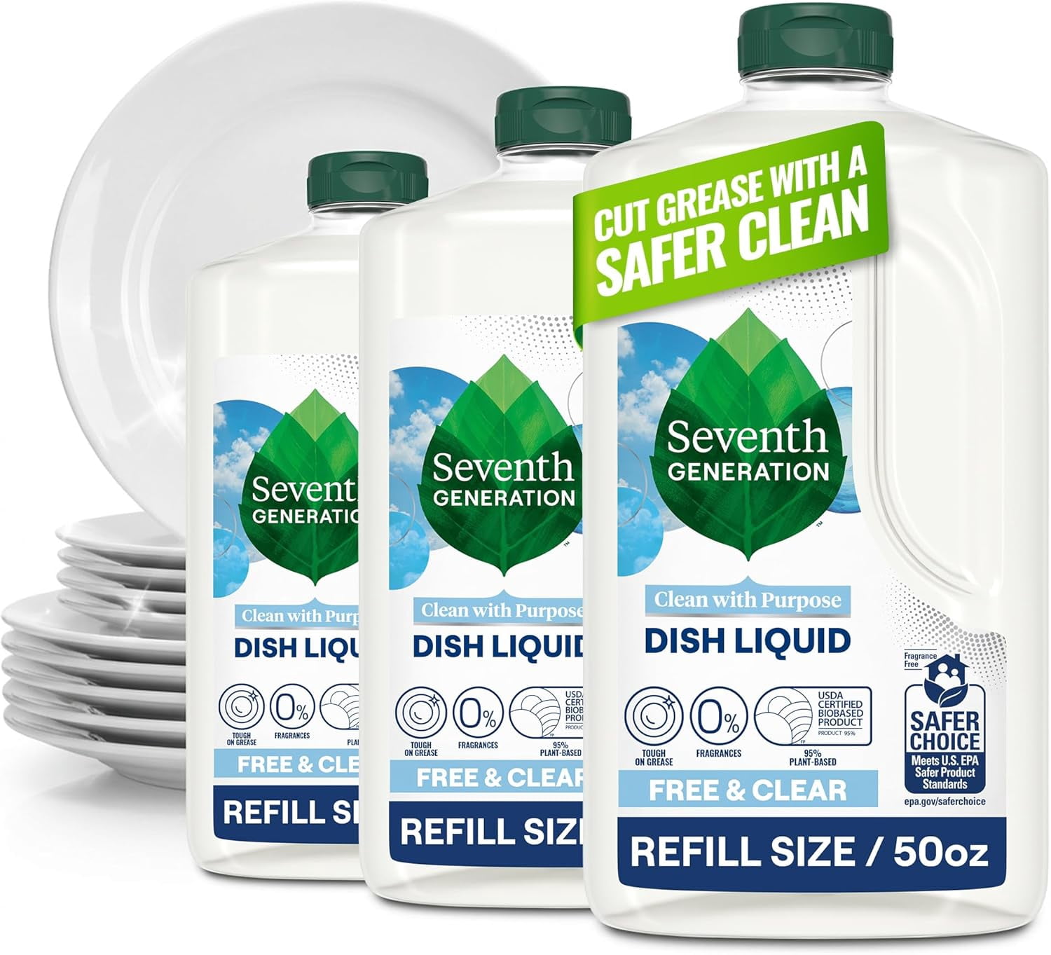 Seventh Generation Dish Soap Refill, Free & Clear, 50 fl oz, 3 Pack, Plant-Based for Grease & Tough Food Messes, For Sensitive Skin