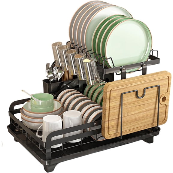 Dish Rack - 2 Tier Drying Organizer, Kitchen Counter Storage System, Heavy Duty Utensil Cup Bowl Holder, Space Saving Stand | Roomy Space Compact Drainer for Sink, RV, Restaurant, Home Use