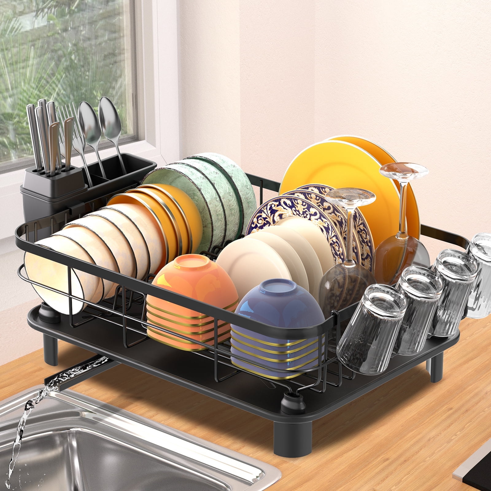 Dish Rack, Aluminum Dish Drainer,Dish Drying Rack with Removable Drip Tray, Large Storage Draining Board, Cutlery Holder & Cup Holder, Plate Rack Drainer for Kitchen Black