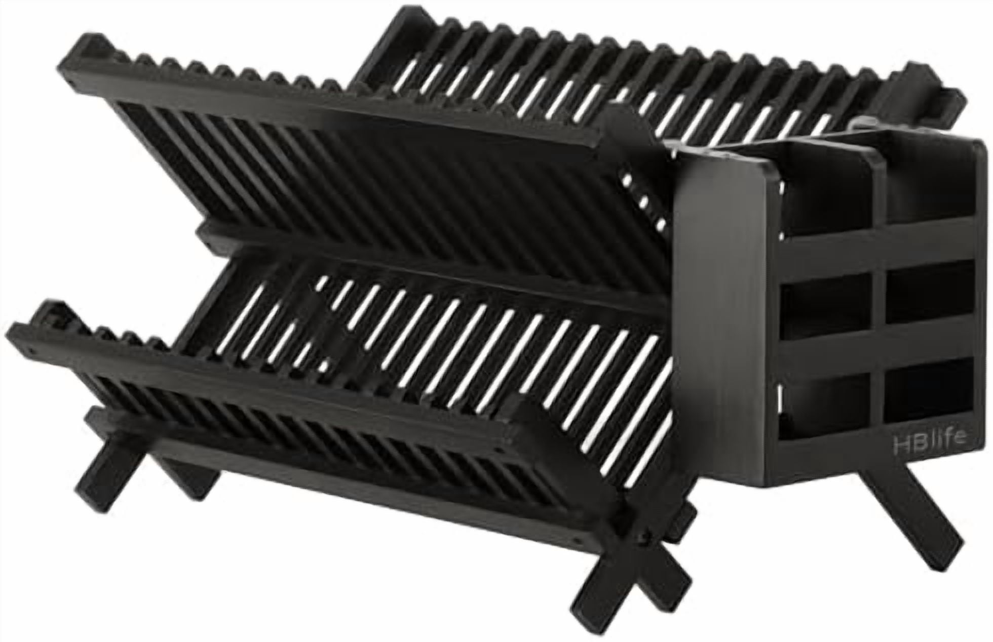 Dish Rack, Black Bamboo Folding 2-Tier Collapsible Drainer Dish Drying Rack with Utensils Flatware Holder Set (Dish Rack with Utensil Holder)