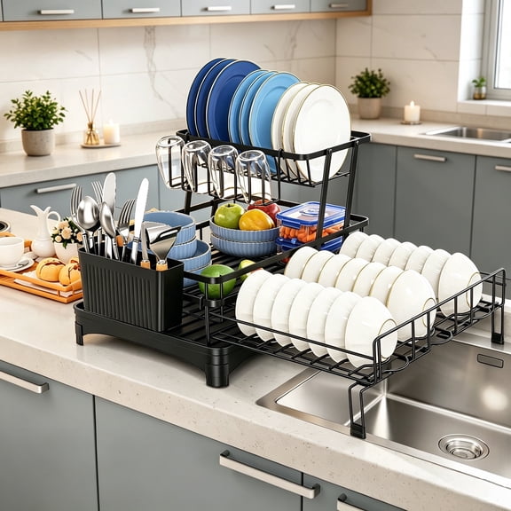Glovv 2 Tiers Detachable Dish Drying Rack, Collapsible over the Sink Dish Rack, Versatile Racks for Kitchen Counter with Auto Drainage System and Breathable Mesh, Black