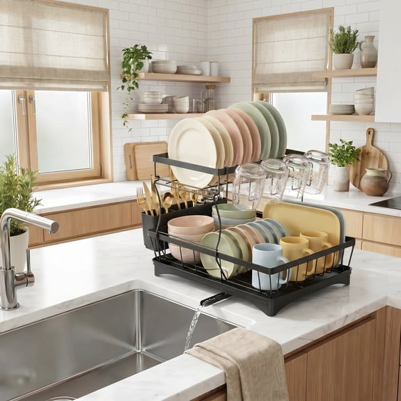 Glovv Over the Sink Dish Drying Rack, 2-Tier Collapsible Dish Racks for Kitchen Counter, Dish Drainer Kitchen Sink Organizer with Auto Drainage System, Black